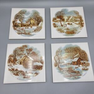 Vtg Currier & Ives 4 Ceramic Decorative Tiles Trivets Winter Scenes Cork Backing